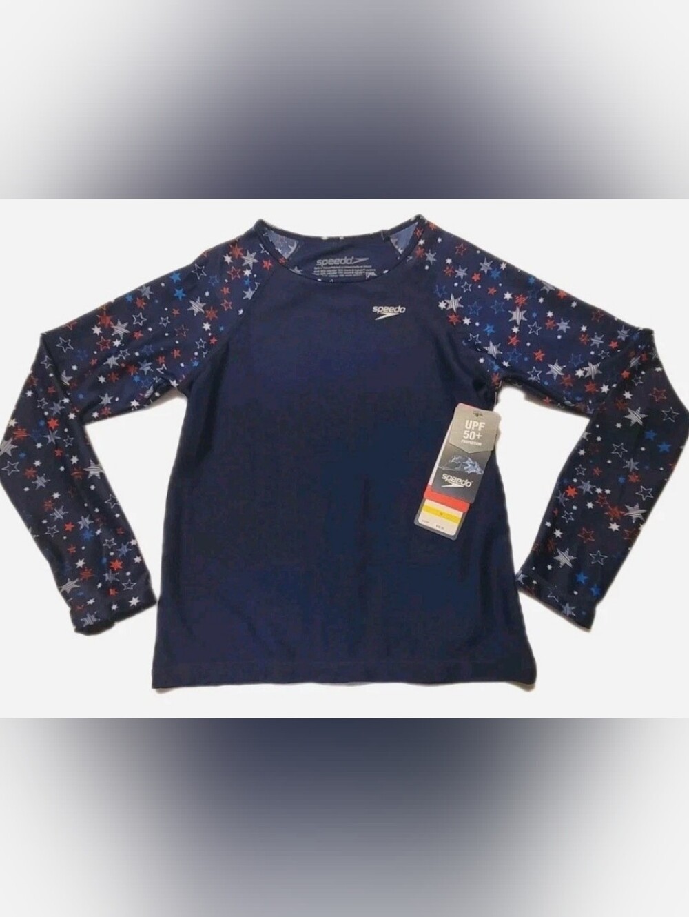 Speedo Girls M Rash Guard LS Swim Shirt UV UPF50+ Stars Red White Blue July 4th